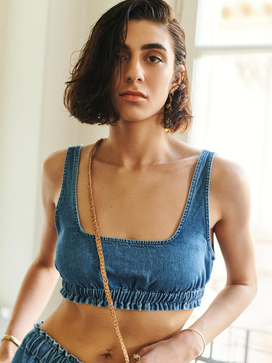 Denim Shirred Crop Top