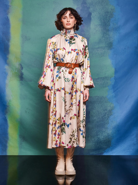 Shirred Cuff Shirred Neck Maxi Dress